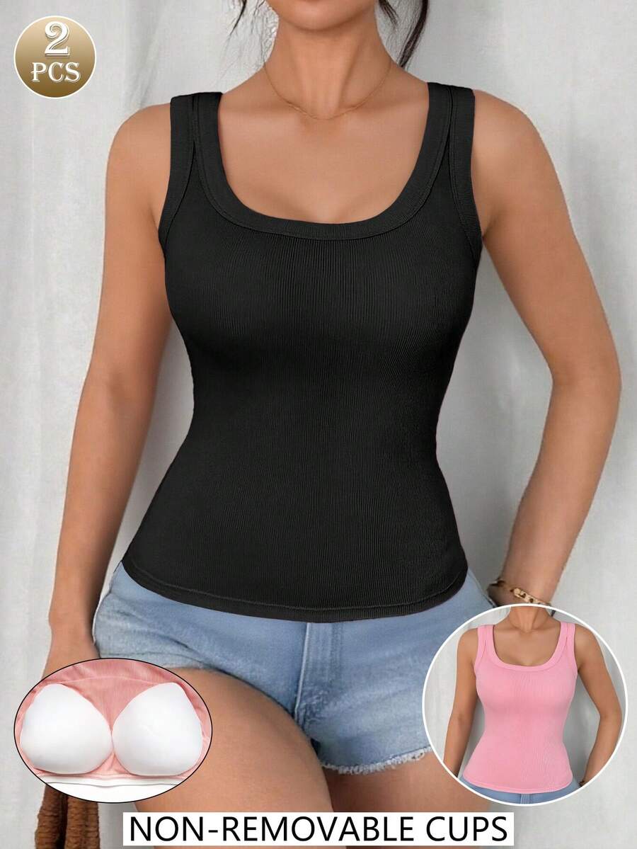 2pcs Women Camisole Tops, Seamless Ribbed Wireless Bra Vest - Multicolor - View 1
