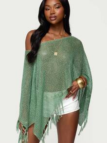 Women Ropa De Playa Knit Poncho Top Y2k Beach Coverups Off Shoulder Crochet Sheer Shawl Asymmetrical Hem Cover Up Shrug Sweater - màu xanh lá - Xem 6