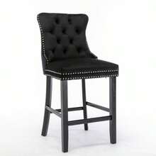 Contemporary Bar Stools Upholstered In Velvet With Button Tufting, Wooden Legs, And Chrome Stud Trim. Casual Style. Set Of 2 Stools (Black). DE2002BK - Black - View 2