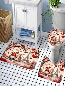 1/4pcs Valentine's Day Gnome & Eiffel Tower Bathroom Curtain Set - Romantic Red & Pink Polyester Decorative Bathroom Curtains With Heart, Flower And "Happy Valentine's Day" Designs, Suitable For Bathing, Non-Slip Bath Mat, U-Shaped Toilet Lid Cover, Bathroom Decor | Romantic Bathroom Decor | Machine Washable Curtain, Bathroom Accessories
