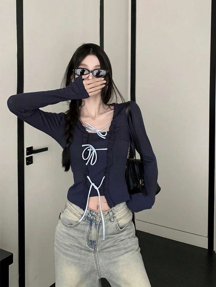 休闲新款系带蝴蝶结二合一荷叶边下摆T恤，女士款，情人节，春夏必备 - 藏蓝色 - 查看 8