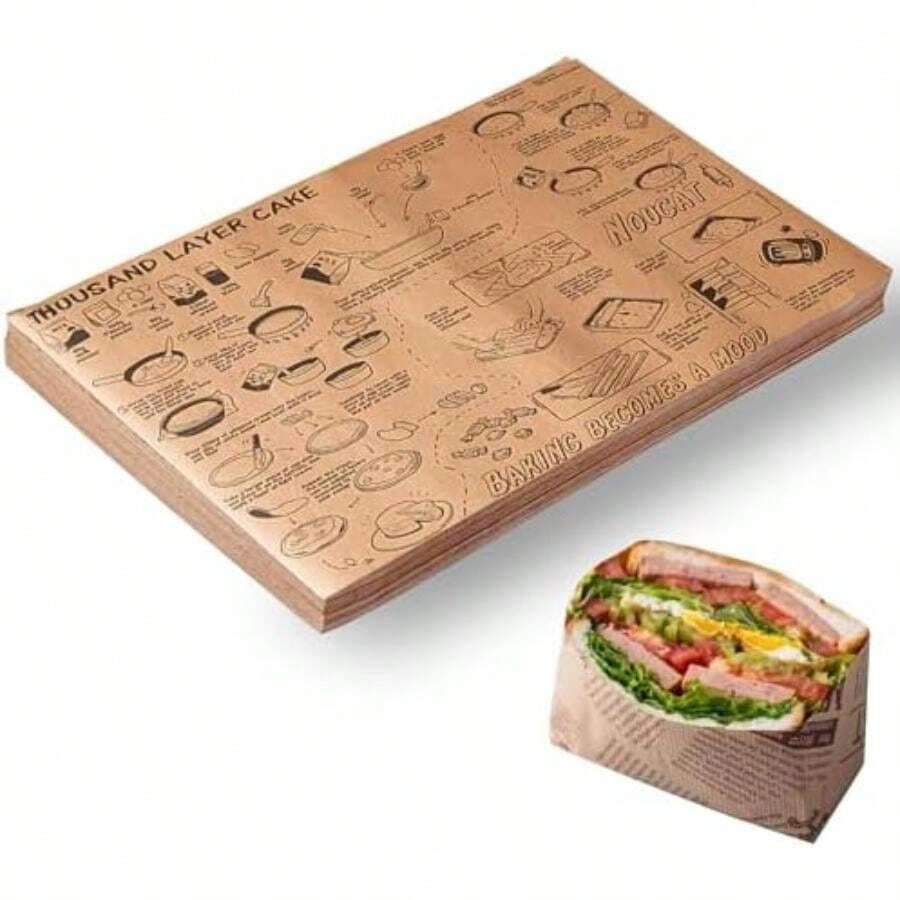 Papel encerado para alimentos, 38 x 28 cm, papel para hornear antigrasa para freidoras de aire, hornos, envolver pan, hamburguesas y sandwiches(50 hojas)(marrón) - Multicolor - Ver 1
