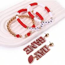 - Juego de joyas de ftbol para mujer, pulseras para el da del juego, juego de arete, accesorios para el da del juego, regalos para mam de ftbol - Rojo/Blanco - Ver 4