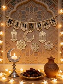 一套米色灯笼、月亮和星星图案装饰横幅套装，斋月和开斋节悬挂花环，波西米亚复古墙饰，精致镂空细节，优雅雕刻装饰，庆典横幅，家居装饰，派对背景，橱窗展示，壁炉架，玄关，客厅，卧室道具，节日氛围增强器，适用于斋月和开斋节庆祝活动 - 彩色 - 查看 4