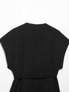 DEEKA 春夏新款女装欧美风简约通勤双排扣马甲外套，高腰褶裥裤两件套西装 黑色 - 黑色 - 查看 6