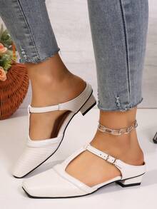 Classic Retro Solid Color Buckle PU Leather Slip-On Shoes, Suitable For Beach, Wedding, Party, Office, Indoor & Outdoor, Spring/Summer - Beige - View 6