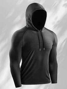 Men's Casual Loose Fit Hooded Long Sleeve Activewear, Suitable For Running, Gym, Leisure, Made Of Breathable Polyester Fabric - Black - View 6
