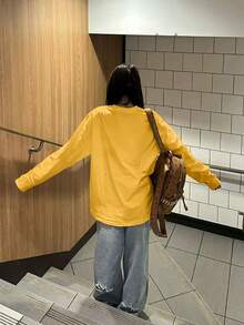 Casual American Style Pure Cotton Long Sleeve T-Shirt For Women, Niche Design Pattern, Yellow Top - Yellow - View 4