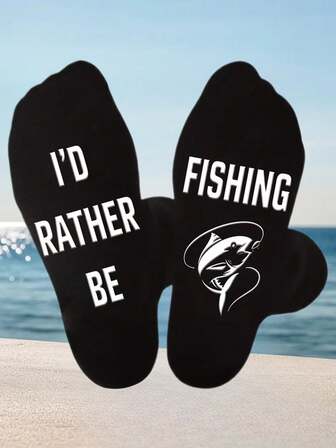 1 Pair Men's Funny Fishing Pattern Mid-Calf Socks, Great Gift For Fishing Enthusiasts, Birthday, Christmas, Suitable For Men, Women And Teenagers, Novelty Socks
