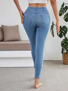 Pantalones jeggings de cintura alta para mujer, con control de abdomen, elásticos y con bolsillos - Celeste - Ver 2