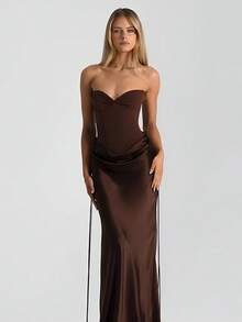 EU/US Size Women's Elegant Strapless Dress - 2025 FW Solid Color Bodycon Waist-Cinched Draped Maxi With Sash | Ideal For Wedding Guests & Gala Nights - 咖啡色 - 查看 2