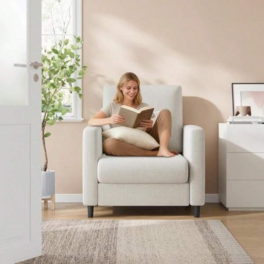 Silla de sofá Decorativa, Silla de Lectura de 33 Pulgadas para recámara, sillas Decorativas de Sala de Estar, sillas cómodas para Sala de Estar, rincón de Lectura de Madera, Beige - Beis - Ver 1