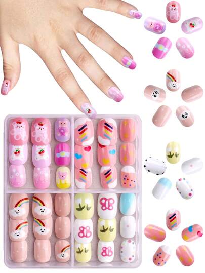 NAIO 96 st/set Y2K Baddie-stil press-on nagelkonst för barn, akrylmaterial, förbelagd gel, heltäckande, med glittriga och söta mönster inklusive björnar, godis, körsbär, blommor, moln, hjärtan och stjärnor. Korta, självhäftande nagelklistermärken, lämpliga för små flickor - söta tecknade teman.
