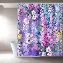 1pc Spring Floral Flower Branch Shower Curtain, Purple 100% Polyester Digital Printed Shower Curtain With 12 Plastic Hooks, 72*72inch - Purple - View 1