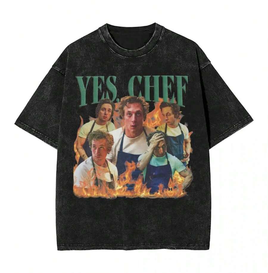 Yes Chef Jeremy Allen White The Bear Tv Show Washed T Shirt Streetwear Hip Hop T-Shirts Tee Shirt For Men Women Cotton Street - 黑色 - 查看 1