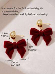 一对红色毛绒蝴蝶结金属耳环，可爱、甜美、温柔、复古、时尚、优雅风格，适合年轻女孩在新年、圣诞节、日常场合和节日佩戴。 - 紅色 - 查看 5
