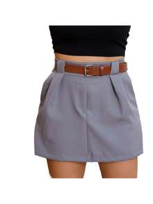 Short Feminino Alfaiataria Saia Social Com Cinto Cintura Alta Com Bolsos - Cinza - Visão 1