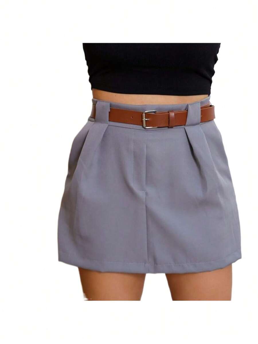 Short Feminino Alfaiataria Saia Social Com Cinto Cintura Alta Com Bolsos - Cinza - Visão 1