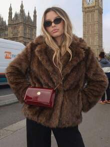 HH 女士冬季优雅纯色仿毛皮效果长袖开衫外套 女式休闲高街口袋外套 - 染尖棕 - 查看 5