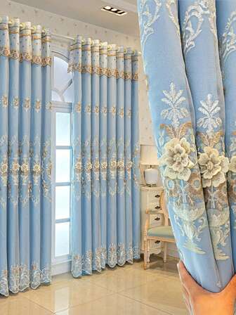 1pc Elegant European Style Double-Layer Embroidered Voile Curtain With Embroidered Lace Valance - High Blackout, Suitable For Living Room And Bedroom Decor, Living Room Curtain