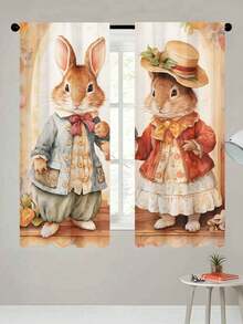 2pcs Easter Rabbit Curtains, Country Couple Rabbit Printed Curtains, Creating Warm Easter Atmosphere, Easter Party Decoration Supplies, Suitable For Living Room, Bedroom, Dining Room Multiple Scenarios, Window Decoration Hanging Flags, Room Decoration Home Decoration Background Cloth, Polyester Rod Pockets, Easter Gifts - Easter Bunny - View 4