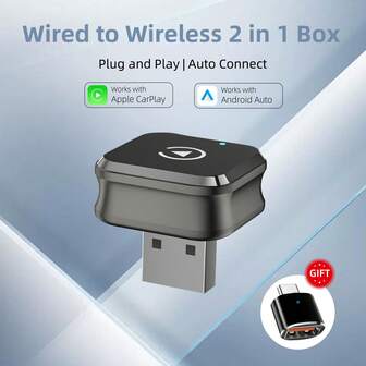 CarPlay适配器，实现快速、自动、无延迟连接。轻巧设计，兼容和安卓手机，配备USB/USB-C接口，无线CarPlay转换器。