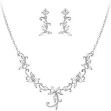 Crysdue Flower Leaf Wedding Jewelry Set Bridal Bridemaid, Cubic Zirconia Teardrop Elegant Silver/14K/Gold Plated Vine Necklace Dangle Earrings Prom Party - A_銀色 - 查看 7