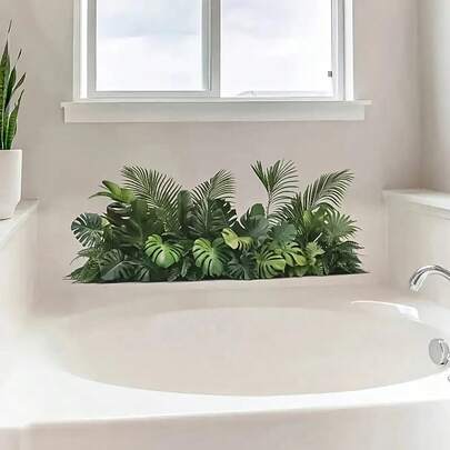 Tropical Plant Bathroom Wall Stickers, Green Monstera Deliciosa And Palm Decorative Decals, Spring Jungle Atmosphere, Fresh Leaf Adhesive Decor For Bathtub Area, Easy To Apply