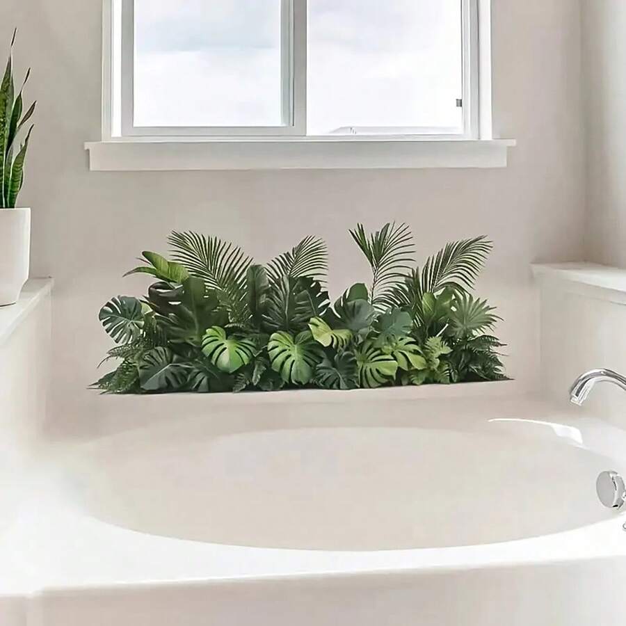 1片装 30x60 热带植物浴室墙贴,绿色龟背竹和棕榈树装饰贴纸,营造春日丛林氛围,清新树叶图案,适用于浴缸区域,易于粘贴 - 綠色 - 查看 1