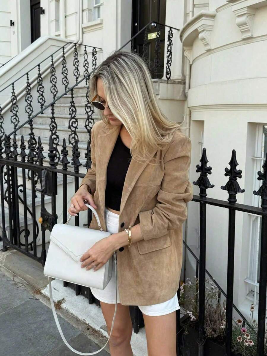 Damen Einfarbige Blazer Jacke mit Knöpfen und Fake-Taschen, Lässig mode