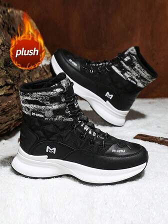 Men's Snow Boots, Winter Fleece-Lined, Outdoor Cold-Resistant Anti-Freeze Warm Boots, Men's High-Top Lace-Up Boots, Anti-Slip Thick-Soled, Fashion Versatile Daily Commute Casual Winter Boots, Simple Solid Color High-End Outdoor Boots, Sports Style Thick-Soled Winter Hiking Running Multifunctional Work Boots