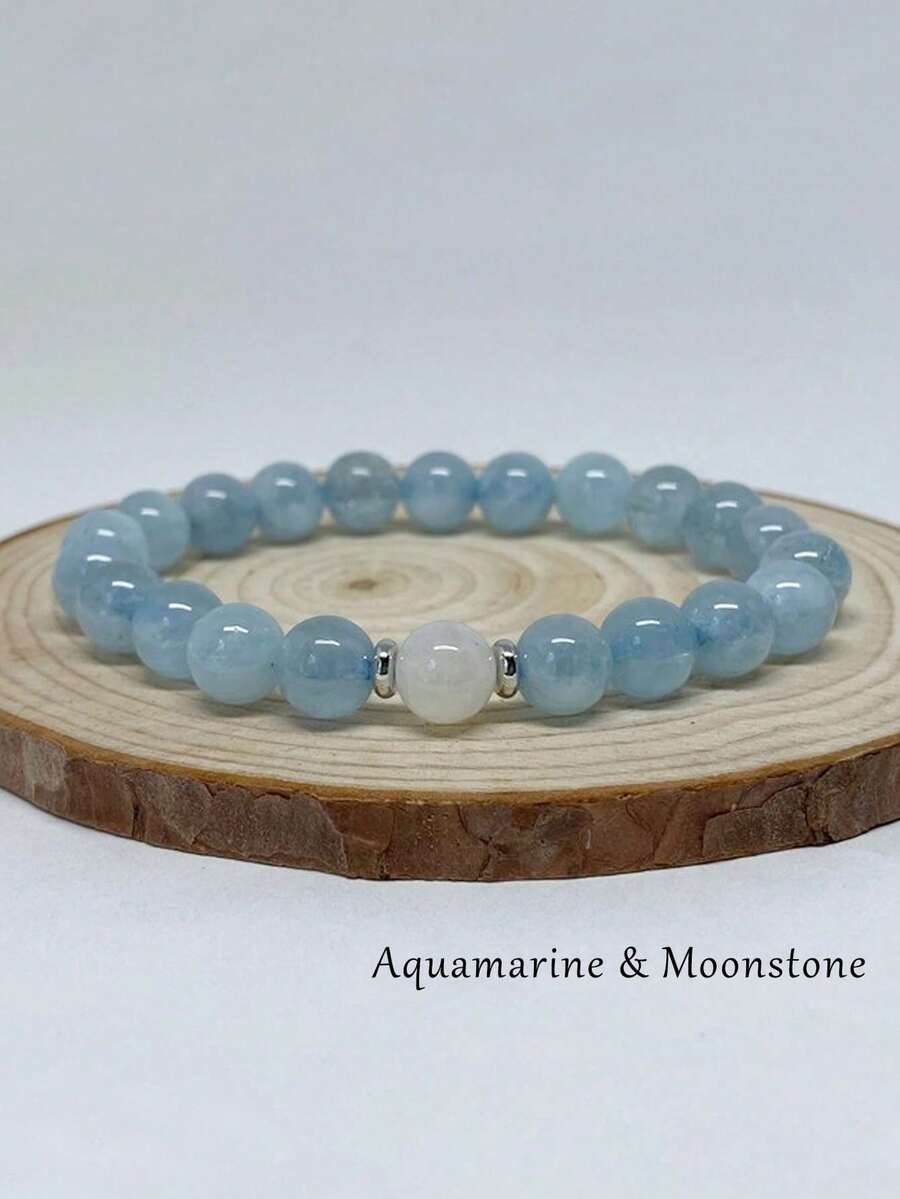 YAUKIA 1件海蓝宝石和月光石手链，象征清晰沟通、真理和直觉，玛拉手链，瑜伽波西米亚风格珠宝礼品 - 彩色 - 查看 1