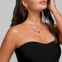 Crysdue Flower Leaf Wedding Jewelry Set Bridal Bridemaid, Cubic Zirconia Teardrop Elegant Silver/14K/Gold Plated Vine Necklace Dangle Earrings Prom Party - B_三組紅色 - 查看 4