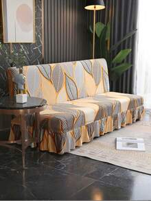 1pc Orange Leaf Print Skirt Style Sofa Bed Cover, No Armrests, Polyester Fiber Sofa Cover, Suitable For All Seasons, Simple And Modern