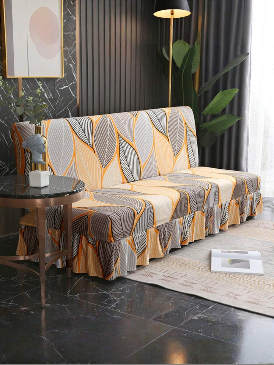 1件橙色叶子印花裙式沙发床罩，无扶手，聚酯纤维面料，四季皆宜，简约现代