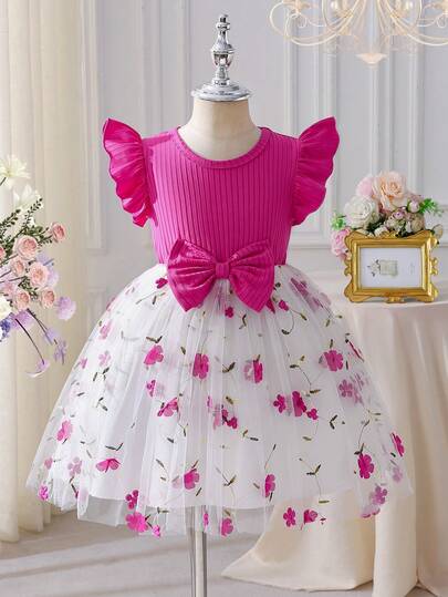 Summer Young Girls Elegant Sweet Dress, Cute Round Neck Flutter Sleeve Bow Design, 3D Floral Mesh Decor, Fashionable Casual Minimalist Princess Dress, Suitable For Daily, Party, Gift, Ball, Performance