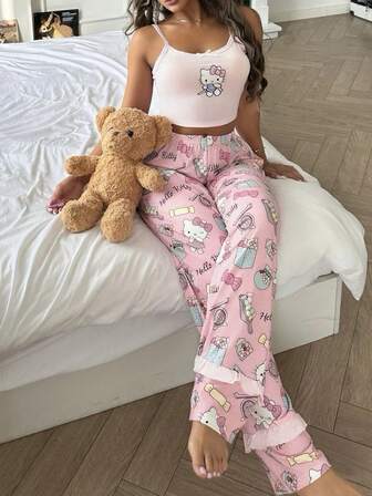 Sanrio 2 st Hello Kitty-mönstrade pyjamasset med långa byxor och linne i midjan för kvinnor