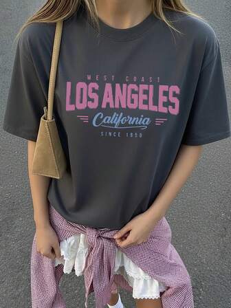 女士夏季新款简约洛杉矶标语印花休闲度假风宽松百搭圆领短袖T恤，时尚日常上衣，适合日常度假穿着