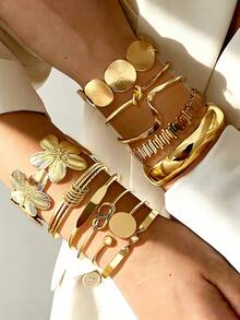 1/1pc Vintage Exaggerated Luxurious Geometric Floral Twist Design Women Metal Gold Bangle Set, Suitable For Daily Wear And Gift - Gold - View 2