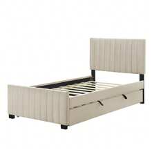 Upholstered Bed With Pull-Out Bed, Velvet Fabric Children's Bed, Youth Bed, Guest Bed, Flat Single Bed For Bedroom And Guest Room Without Mattress - 杏色 - 查看 8