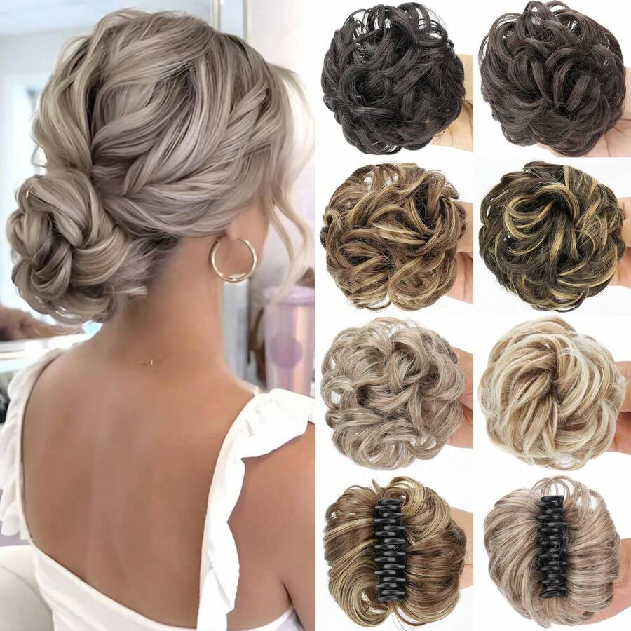 Claw Clip On Messy Bun Hair Piece Synthetic Hair Buns Wavy Curly Chignon Hair Bun Extensions Tousled Updo Hair Buns Claw Clip Ponytail Hairpieces - Brown With Blonde Highlights - Multicolor - View 1