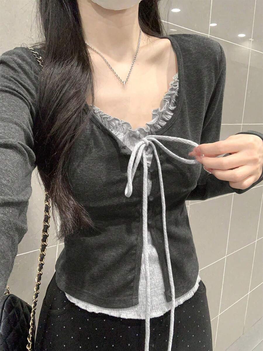 Early Autumn Korean Style Ruffle Trim 2 In 1 Fitted Long Sleeve T-Shirt Undershirt Spring Casual - Dark Grey - View 1