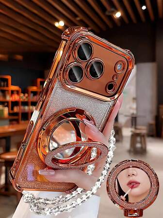 New Phone Drop-Resistant Anti-Drop Four Corner Anti Drop Case+Sparkling Pink Paper Pearl Hanging Rope Sparkling Pink Circular Makeup Mirror Magnetic Bracket Integrated Phone Case Compatible With IPhone 17/6/7/8/X/XS/XR/11/12/13/14/15/16,Galaxy S22/23/24, A04/05/06/A14/A15/A16/A24/A25/A34, Redmi Note 7/8/9/10/11/12/13 ,Redmi 9/10/12/13C,OPPO,MOTO,Honor X,HW,Realme C53 C55