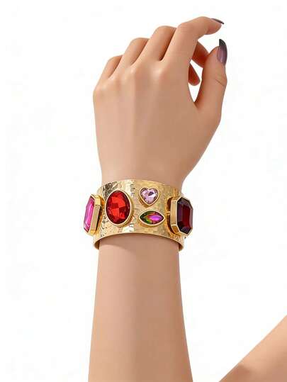 1pc Punk Style Metal Alloy Bracelet With Colorful Square, Oval And Heart Shaped Gemstones, Versatile Elegant Bracelet Suitable For Daily Wear, Work, Meetings, Parties, Romantic Dates, Photo Shoots, Business Negotiations, Beaches, Vacations, Valentine's Day Gift