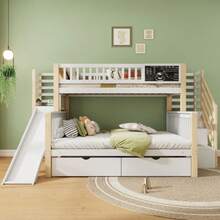 Hausbett, Kinderbett, Etagendoppelbett, multifunktionales Kinderbett, mit Treppe und Aufbewahrungsschränken, Mit Rutsche und kleiner Tafel, 140*200cm & 90*200cm, bianco(OLD SKU:N634P1941390123W) - Bianco+Naturale - Visualizzare 5