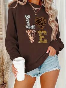 2026 Valentine's Day "LOVE" Pattern Printed Sweatshirt - Leopard Print And Glitter Decoration, Plus Size Women's Casual Long Sleeve Round Neck, Autumn And Winter Machine Washable Polyester Fabric, Suitable For Cheerleading Uniforms And Daily Outfits, Comfortable Fabric, Valentine's Day Gift Loose And Comfortable Winter Clothes For Women Women's Coats - 咖啡色 - 查看 12