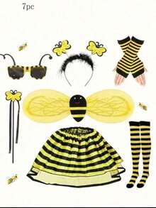 Carnival Bee Themed Party Costume Props Set, Includes Bee Socks, Arm Sleeves, Skirt, Headband, Glasses, Wand, Wings