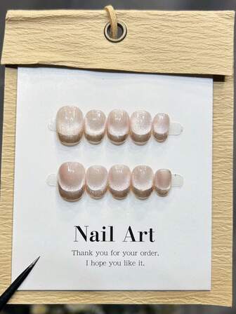 10pcs Handmade Nails Round Nails Press On Nails Short, Minimalism Pink Nails, Flashy Glossy Cateye, Gold Metallic French Tip Nails, Simple Elegant Autumn Nails, Fall Press On Nails, Versatile Nails DIY False Nail Art Party Daily & Dating Use Beach Tropical Getaway Suitable Reusable, For Women & Girls As Gift Nail Supplies