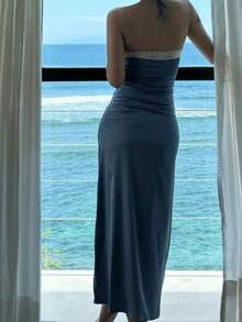 Women's Blue Satin Spaghetti Strap Mid-Length Dress, Elegant Lace Trim Backless Summer Dress, Suitable For Valentine's Day, Dates, Wedding Guests, Parties, Beach Vacation - Blue - View 9