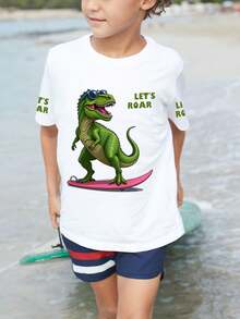 Camiseta de manga corta con estampado de dinosaurio de dibujos animados para niños pequeños, top de manga corta de verano - Blanco - Ver 4